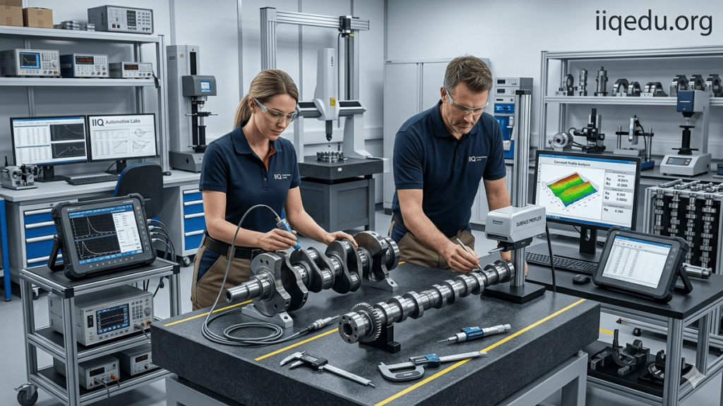 Material & Surface Quality Testing. Engineers inspecting crankshaft and camshaft in an automotive lab using ultrasonic and surface profiling equipment for material and surface quality testing