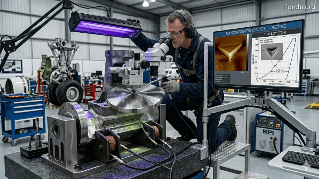 Realistic visual of nanoindentation on a polished titanium alloy surface with a diamond indenter measuring indentation depth, showing a laboratory setup.