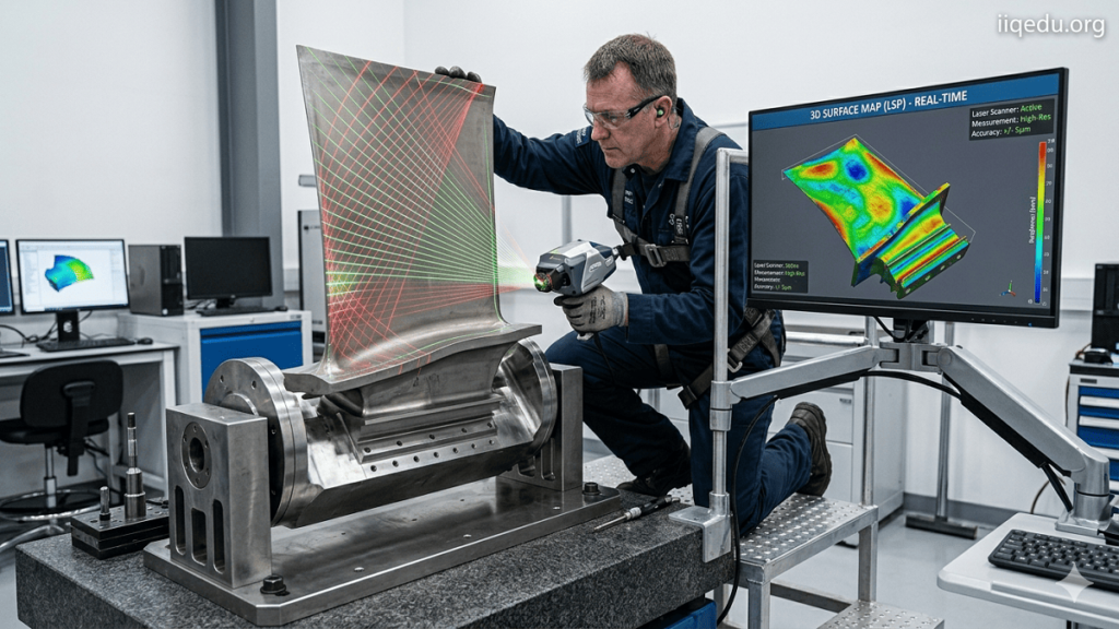 Engineer inspecting a 3D-printed metal component using laser surface profilometry in a research lab with real-time 3D topography