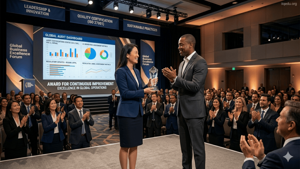 Quality Awards & Recognition Programs. Corporate professionals receiving a quality award during a formal recognition ceremony highlighting excellence and performance improvement.