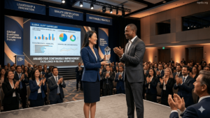 Quality Awards & Recognition Programs. Corporate professionals receiving a quality award during a formal recognition ceremony highlighting excellence and performance improvement.