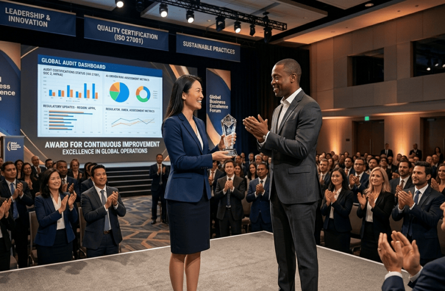 Quality Awards & Recognition Programs. Corporate professionals receiving a quality award during a formal recognition ceremony highlighting excellence and performance improvement.