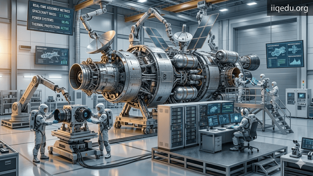 Space Tech & Aerospace Quality. Engineers and robotic arms assembling a detailed spacecraft in a high-tech cleanroom, showing satellite components and metallic textures, with "iiqedu.org" watermark in the top-right corner.