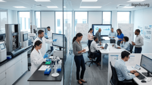 Quality-themed Research & Innovation Grants. Researchers and professionals collaborating in a modern lab and office environment, analyzing data and developing innovative solutions, with a visible “iiqedu.org” watermark in the top right corner.