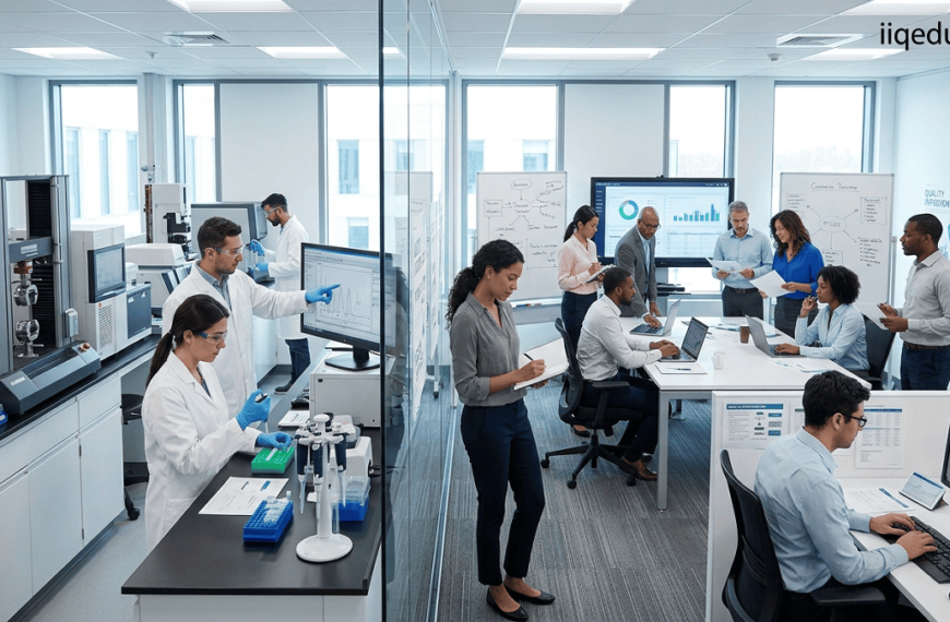 Quality-themed Research & Innovation Grants. Researchers and professionals collaborating in a modern lab and office environment, analyzing data and developing innovative solutions, with a visible “iiqedu.org” watermark in the top right corner.