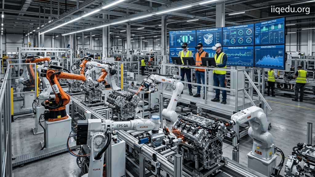 Cyber-Physical Systems for Factory QA. Engine assembly line in an automotive factory with robotic arms inspecting components using CPS sensors; engineers monitor live data on screens; "iiqedu.org" watermark in top-right corner.