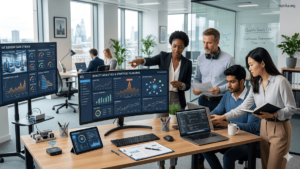 Future Skills in Quality Management. Diverse team of quality management professionals analyzing digital dashboards and quality metrics on laptops and screens, with AI and IoT technology, watermark 'iiqedu.org' at top-right.