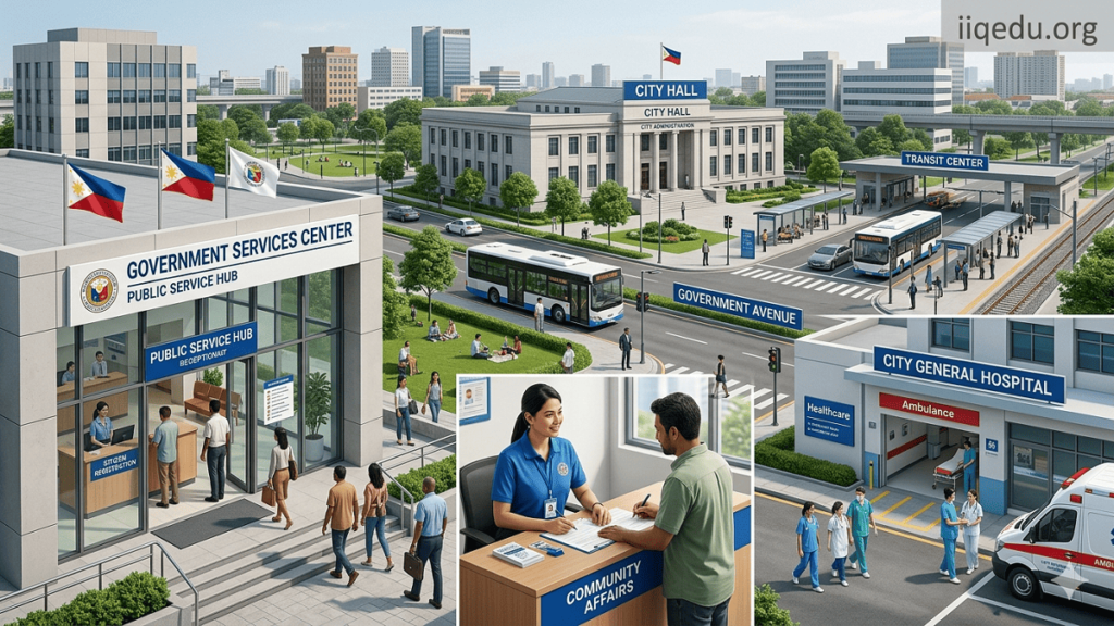 Public Sector & Government. public sector and government. Realistic visual of public sector operations showing government buildings, healthcare facilities, and urban infrastructure with a visible "iiqedu.org" watermark at the top-right corner.