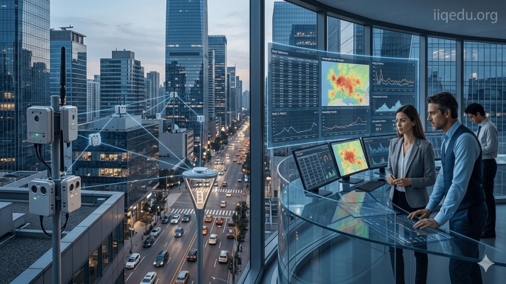 IoT in Environmental Quality Monitoring. Smart city with IoT sensors on rooftops and streetlights monitoring air quality, temperature, and humidity, with engineers analyzing real-time data on digital dashboards