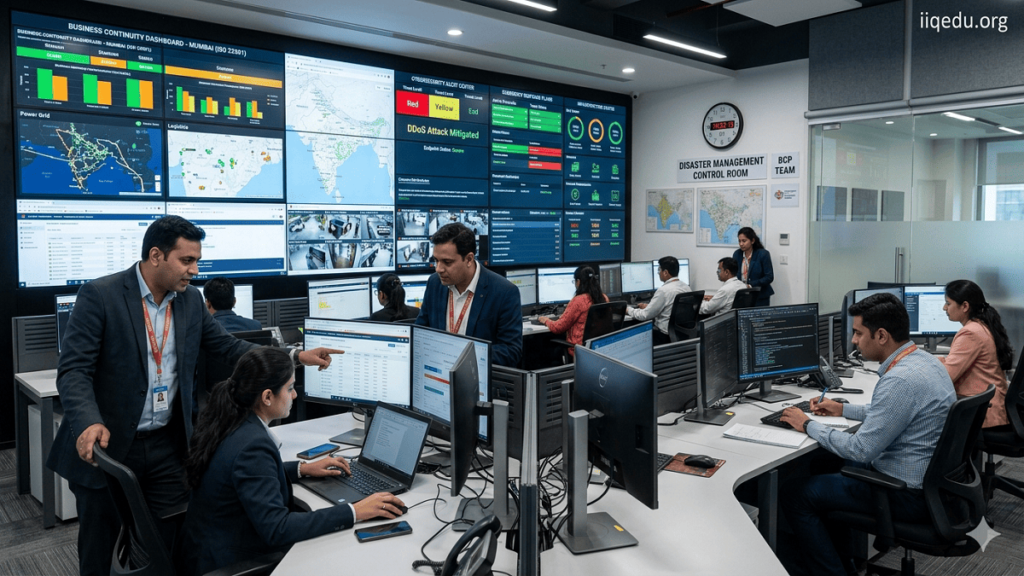 Disaster Management & ISO 22301. High-tech corporate disaster management control room with professionals monitoring multiple screens showing business continuity dashboards, cybersecurity alerts, and emergency response plans.