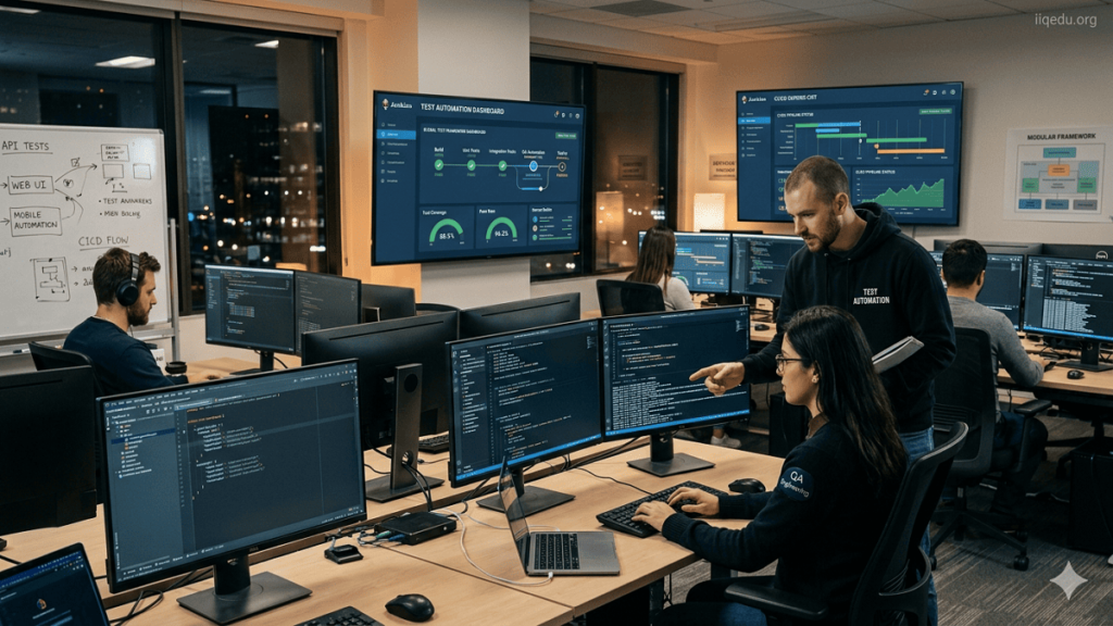 Test Automation Frameworks. Professional office scene showing developers and QA engineers working on automated testing scripts, code, and dashboards for a Test Automation Framework, with 'iiqedu.org' watermark in the top-right corner.