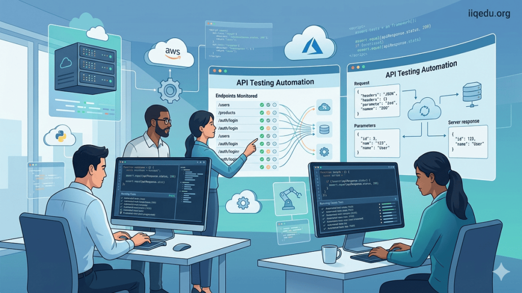 API Testing Automation: "Digital illustration of software engineers performing API Testing Automation with multiple screens showing API endpoints, request-response cycles, and automated scripts. Cloud and server icons represent automation."