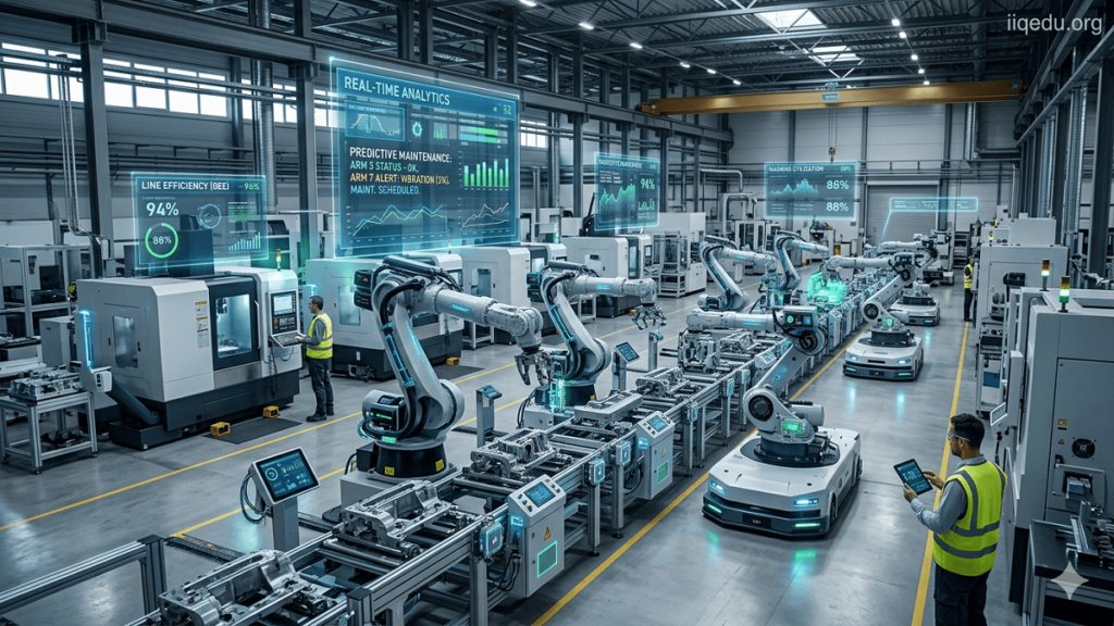Smart Sensors with Edge AI. Industrial manufacturing plant with robotic arms and smart sensors using Edge AI, displaying real-time holographic dashboards, with watermark iiqedu.org