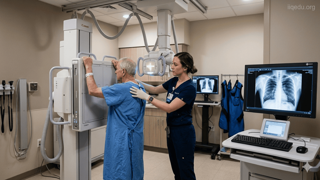Digital Radiography. Radiologic technologist performing a chest X-ray using a digital radiography system in a hospital imaging room