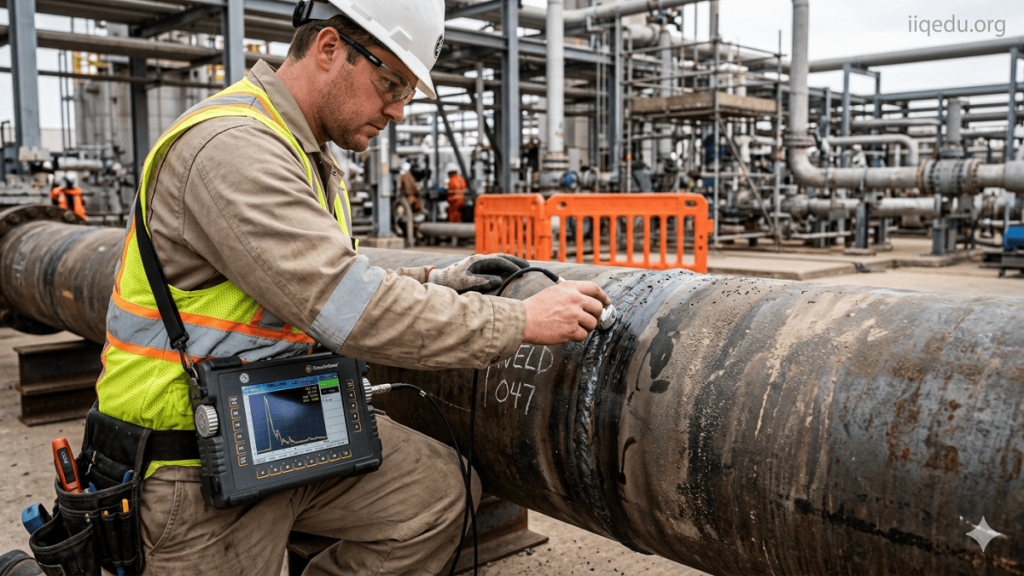 Non-Destructive Testing (NDT). Realistic visual of a technician performing ultrasonic NDT on a high-pressure pipeline weld, showing equipment and digital readout.