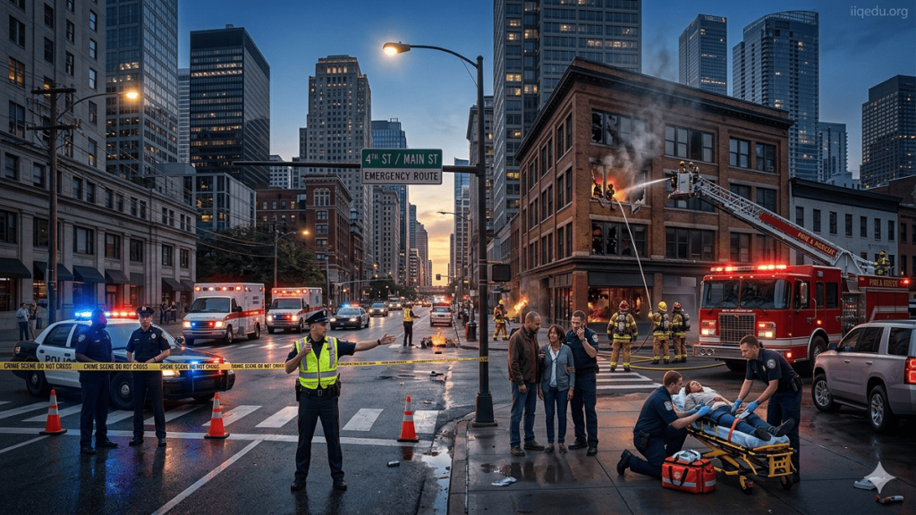 Police & Emergency Services Quality. Police officers, paramedics, and firefighters responding to a city emergency, coordinating in real-time with emergency vehicles in the background, photorealistic.
