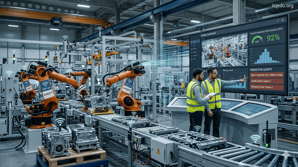 MQTT/OPC-UA in Quality Data Communication. Smart factory production line with machines and robotic arms connected via MQTT and OPC-UA, engineers monitor real-time quality dashboards