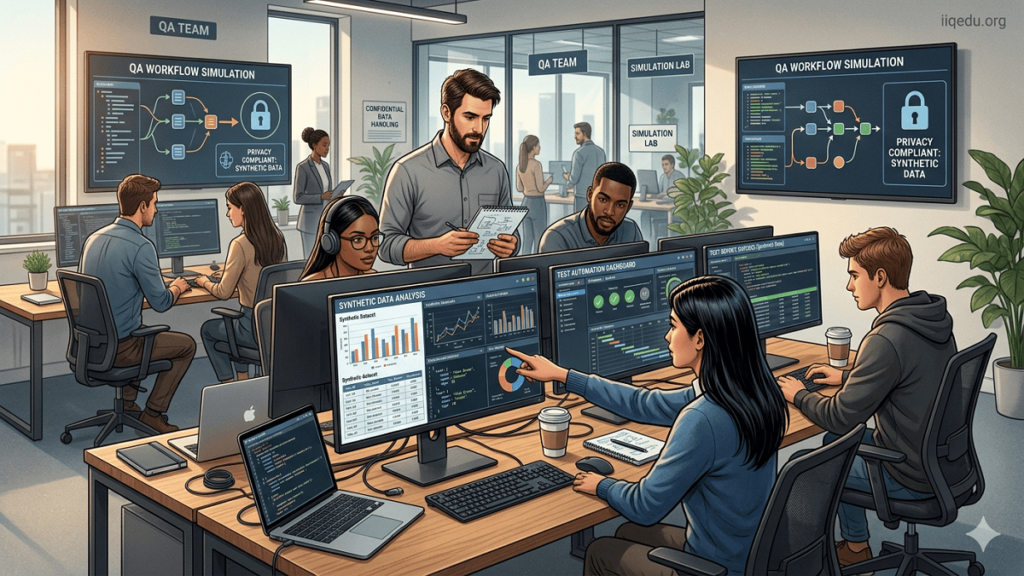 A modern QA team in an office analyzing synthetic data on multiple monitors, discussing automated testing results, with a watermark “iiqedu.org” visible in the top-right corner.