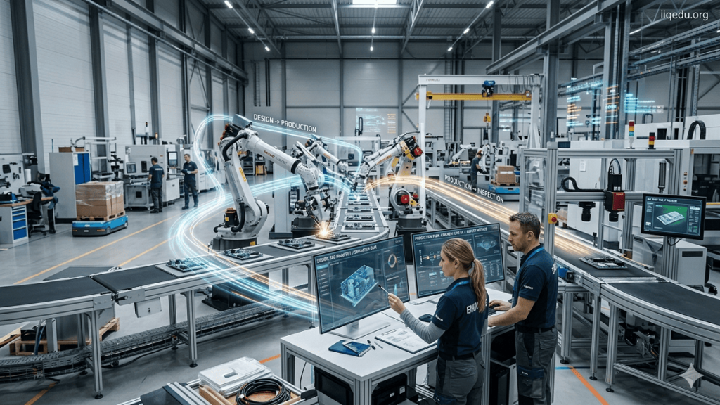 Digital Thread for Product Quality. Engineers and automated machines in a smart factory connected through digital data streams representing product quality monitoring across the production process