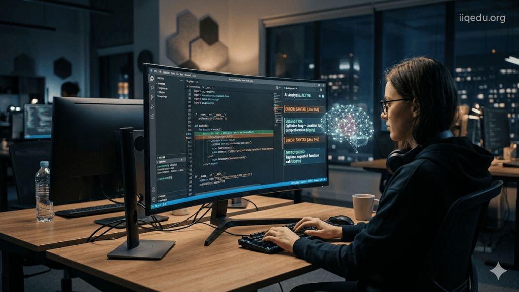AI-based Code Quality Tools. Developer coding while an AI system analyzes and suggests improvements in real time on a computer screen