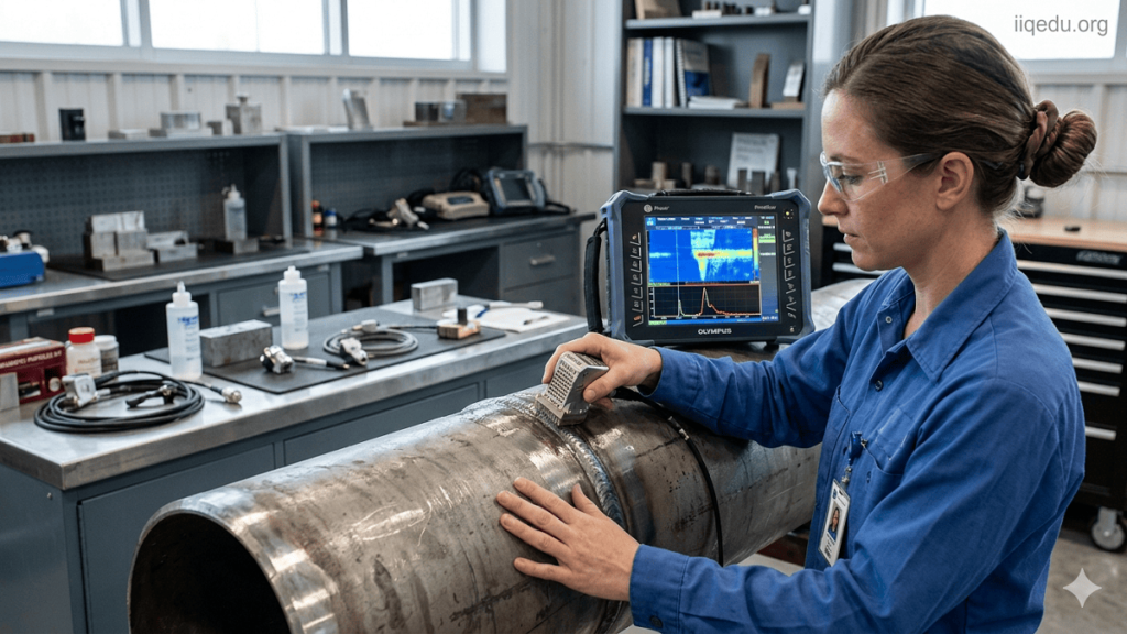 Ultrasonic Phased Array. Technician using an ultrasonic phased array probe to inspect a pipeline weld in a laboratory, with A-scan and C-scan displays visible, watermark “iiqedu.org” at top-right.