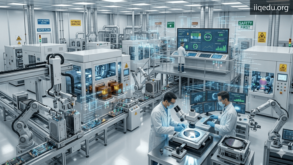 IoT, IIoT & Cyber-Physical Systems. This visual portrays a modern smart factory equipped with IIoT sensors on industrial machinery and autonomous robotic arms. Engineers monitor real-time operational data on large screens with subtle holographic overlays representing data flows. The metallic surfaces and industrial lighting emphasize precision and technological sophistication.. Engineers monitoring industrial machinery in a smart factory with IIoT sensors and robotic arms operating autonomously; holographic data overlays visible; "iiqedu.org" watermark in the top-right corner.