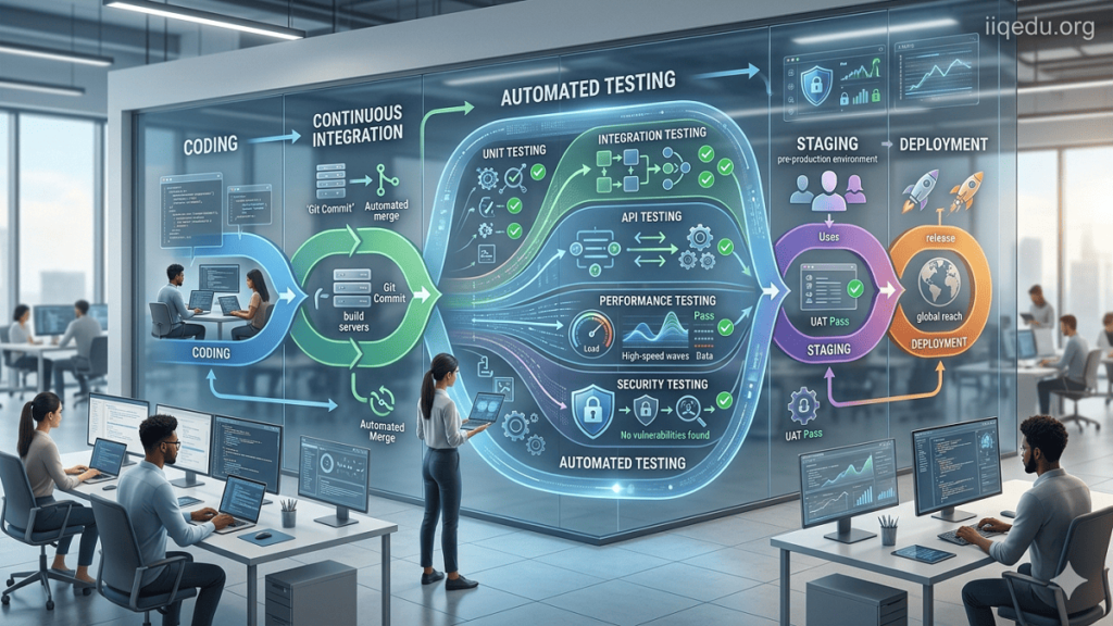 Continuous Testing in DevOps. Visual representation of Continuous Testing in DevOps showing a CI/CD pipeline with stages for coding, automated testing, staging, and deployment, with a watermark 'iiqedu.org' in the top-right corner