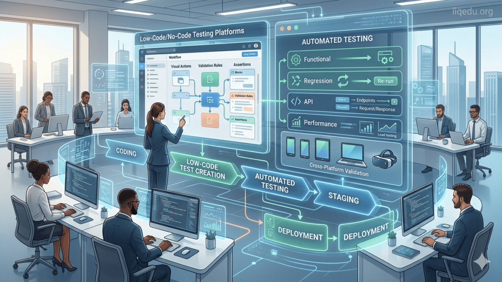"Visual representation of Low-Code/No-Code Testing Platforms showing a CI/CD pipeline with automated test execution, drag-and-drop workflows, and cross-platform testing, with a watermark 'iiqedu.org' in the top-right corner."
