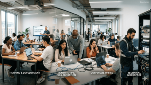 Quality Career Pathways. Diverse group of students and professionals transitioning from classroom learning to a modern workplace, representing structured career growth and skill development, with a visible "iiqedu.org" watermark in the top right corner.