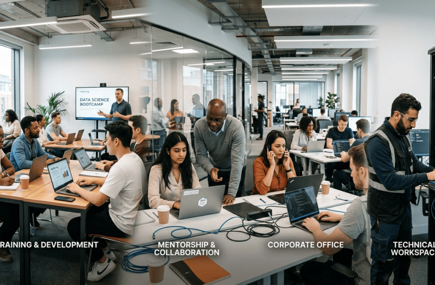 Quality Career Pathways. Diverse group of students and professionals transitioning from classroom learning to a modern workplace, representing structured career growth and skill development, with a visible "iiqedu.org" watermark in the top right corner.
