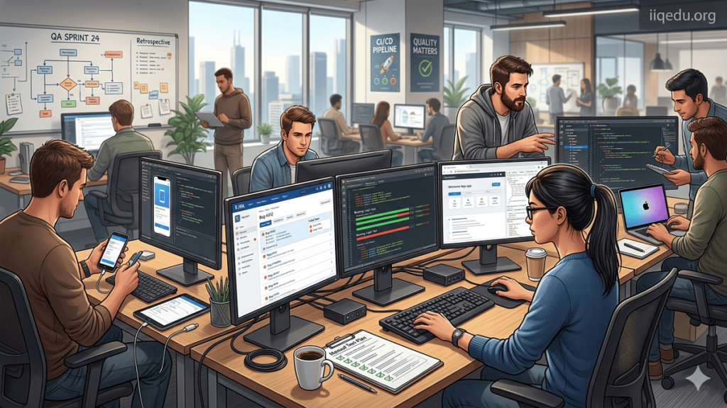 Software development office with QA engineers testing software on multiple screens showing bug tracking dashboards and automated scripts, with watermark 'iiqedu.org' in the top-right corner.